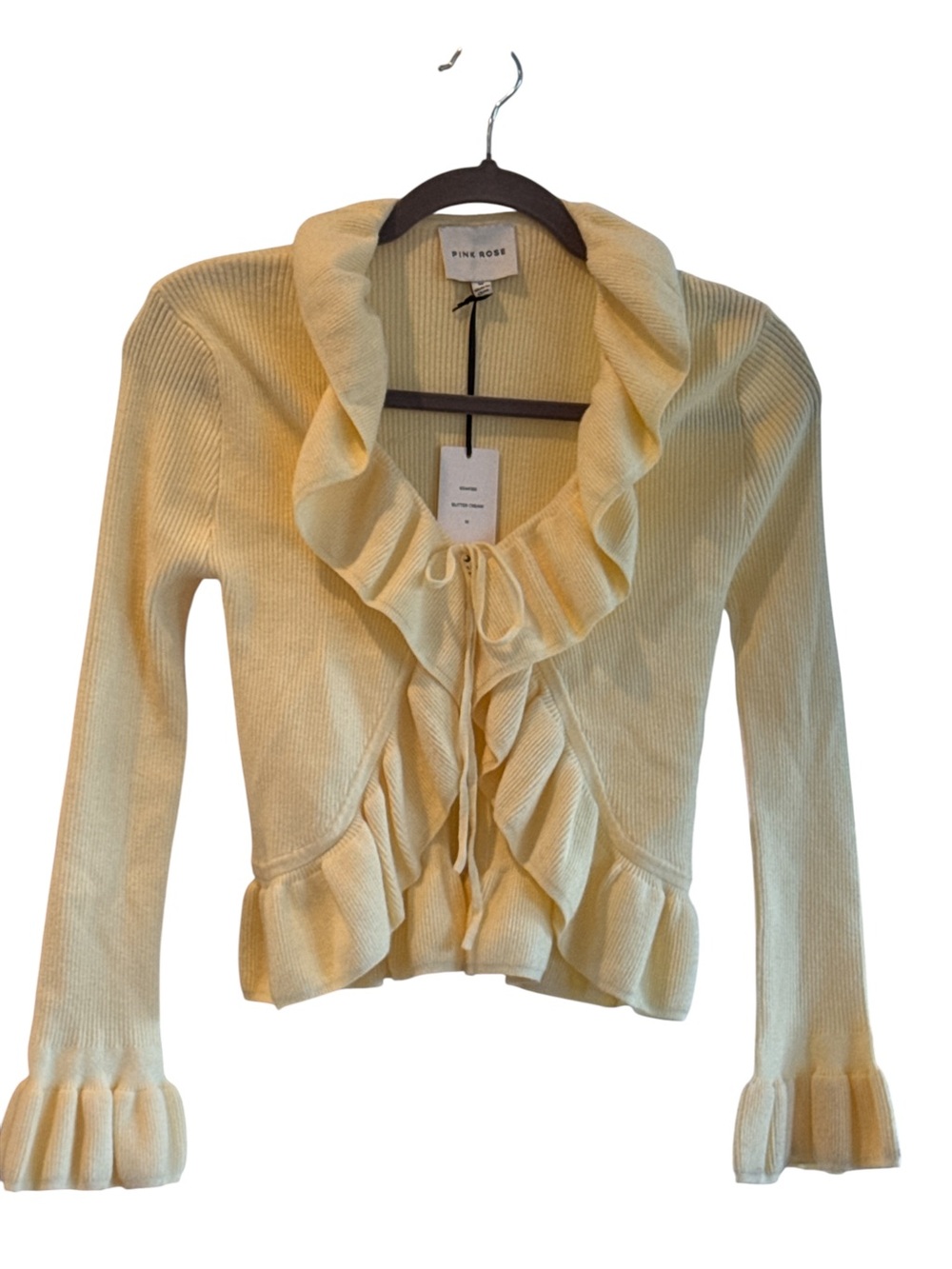 Pink Rose Pale Yellow Ruffle-Trim Tie-Front Cardigan